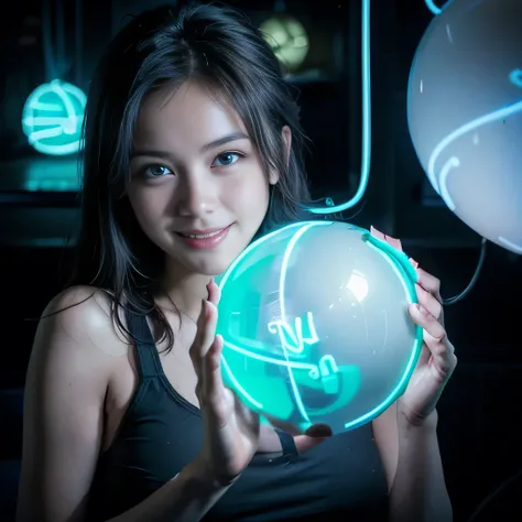 raw photo , 8K, ultra detailed, (realistic:1.2), (1girl), (seductive smile:1.5), (round face), (black camisole), (sexy:1.3), BREAK (uplifting light blue neon ball:1.5), (dark room:1.5)