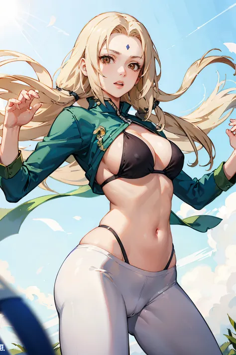 Highest quality、Best image quality、masterpiece、One Woman、Tsunade Def, Forehead mark, Bikini Top Holder, White leggings、High kick, smail, Natural light、Shallow depth of field、Lens flare、Dynamic Angle,