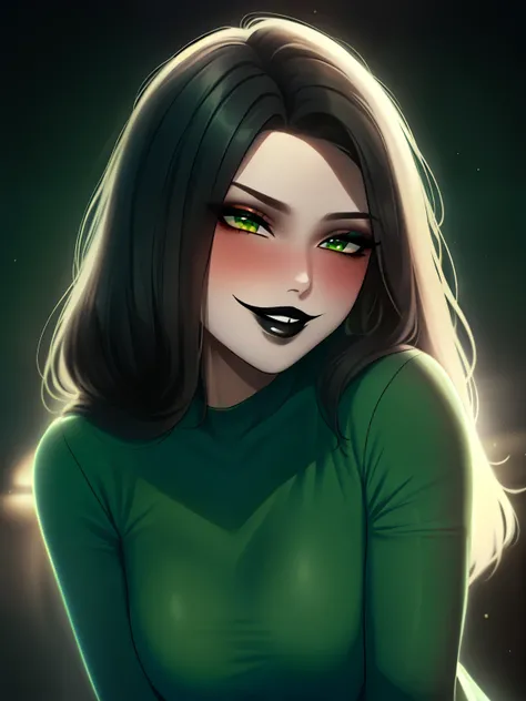 beautiful, masterpiece, best quality, extremely detailed face, perfect lighting, 1girl, solo, shegolady, evil grin, blush, black lips, green uniform