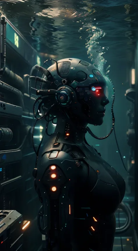Original photo by C7b3rp0nkStyle,An advanced submarine is exploring the depths of the radiation-contaminated ocean, Cyberpunk, (masterpiece:1.3) (best quality:1.2) (high quality:1.1)The deep sea