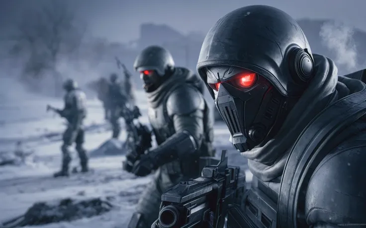 An intense, cinematic 3D render of a line of post-apocalyptic soldiers, set in a chilling, semi-foggy winter landscape. In the foreground, a close-up shot of a soldiers mask reveals an intimidating, glowing red eye, with the soldiers sleek, futuristic armo...