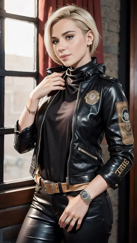 a blonde woman, with dieselpunk clothes, modelshoot style, (extremely detailed cg 8k wallpaper unit), photo of the most beautifu...