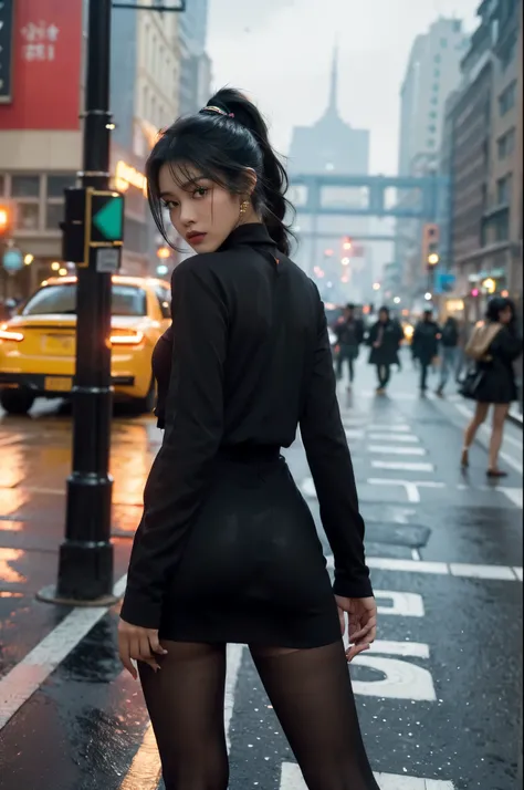 (((best quality))),(((ultra detailed))),(((masterpiece))),illustration,1girl,slim,vibrant cotton dress,short ponytail,pantyhose,standing, bustling city streets, honking cars,surrounded by crowded crowds, colorful advertisements,enjoying sights and sounds,(...