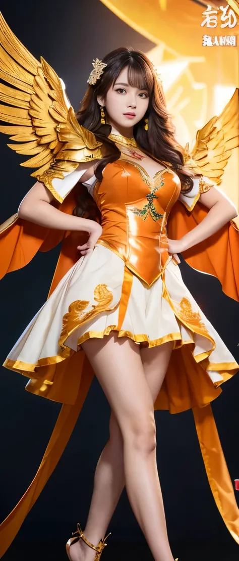 Tall and cute idol knight、whole body、Good style、、、、、、、、、、Tanned thick legs、、Gold and orange armor suit（Phoenix Embroidery、Passionate Winged Cape）、、Neat and clean idol face、Light colored wavy hair、