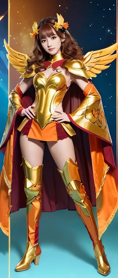 Tall and cute idol knight、whole body、Good style、、、、、、、、、、Tanned thick legs、、Gold and orange armor suit（Phoenix Embroidery、Passionate Winged Cape）、、Neat and clean idol face、Crimson wavy hair、A fiery battlefield