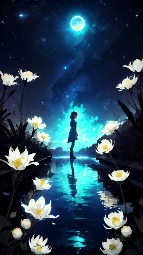 a girl, solitary, stand on the water, reflective surface, , cat ear, (poster:0.76), (palm leaves),  white flowers, (blue light g...