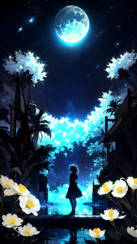 A girl, Solitary, Stand on the water, Reflective surface, , Cat ear, (poster:0.76), (Palm leaves),  White flowers, (Blue light glow:1.2), night, Dark theme, Starry Sky, dream，moonlight