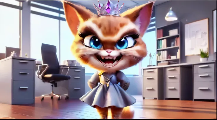 cartoon cat in a dress and tiable standing in an office, world boss kitten, fox wearing a tiara, new cats movie, very beautiful cute catgirl, in cartoon style, 🐋 as 🐘 as 🤖 as 👽 as 🐳, anthropomorphic female cat, whiskers hq, beautiful animal pearl queen, di...