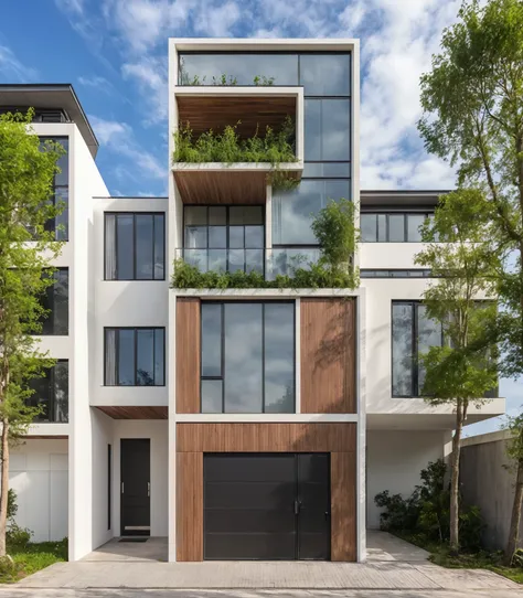 Masterpiece, high quality, best quality, authentic, super detail, outdoors, house style modern, bietthuhn, white wall, glass windows, gate road, pavement, grass, trees, Beautiful_sky, SUNSET, (day:1.1), realistic lighting