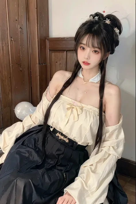 Hanfu,ming style,tang style,song style,jin style,han style, ((Large Breasts)), ((D cup)), Visible cleavage，Highly detailed face and skin texture，((Bare shoulder)), Double eyelids，Skin Whitening，Long hair，Whitening long legs，Standing by the sea, Fashion Gir...