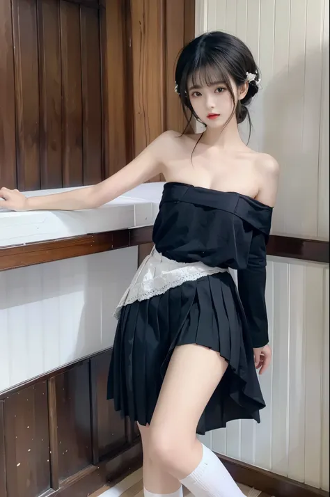 long shan,short shan,pleated skirt,songmo, ((Large Breasts)), ((D cup)), Visible cleavage，Highly detailed face and skin texture，((Bare shoulder)), Double eyelids，Skin Whitening，Long hair，Whitening long legs，Standing by the sea, Fashion Girl, Red lips, Swee...