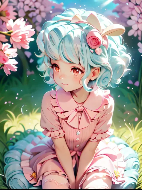 My little pony, cozy glow, young girl, blue swirly short hair, swirly bangs, (pastel pink skin), ((blue hair with light blue strains)), orange eyes, white hair band, in a pink botanical garden, Nyssa sylvatica garden arch, pink shimmering ponds with lily p...