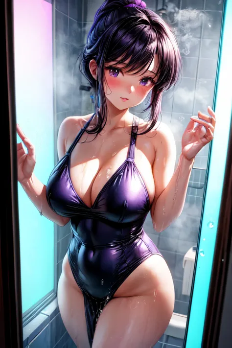 Create an ultra-detailed, tranquil wide-angle portrait in the Japanese retro anime style of the 80s and 90s, with a film grain effect and retro wave violet theme. The scene depicts a stunning woman with dark violet eyes, taking a shower in a bathtub in a l...