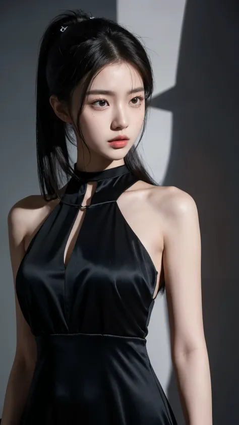 korean model , slim body , 167cm ，Movie Angle，long black ponytails hairstyle, （Cute girl，anatomy correct, see-through dress，（ art，geomerty），（plethora of colorest quality，high detal，tmasterpiece，Cinematic lighting effects，4K，Chiaroscuro）