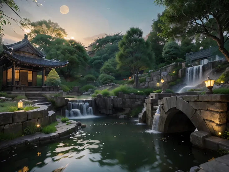 Ancient Chinese architecture, moon, midnight, garden, bamboo, lake, stone bridge, rockery, arch, corner, tree, running water, landscape, outdoor, waterfall, grass, rock, water lily, hot spring, water vapor, (Illustration: 1.0), Epic Composition, Realistic ...