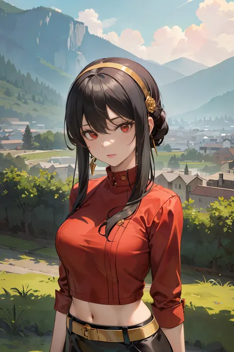 masterpiece, best quality, highres, Ajof, side locks, golden hairband, hair adornments, ((Red eyes:1.5)), gold earring, Large breasts,((black hair:1.5)), midriff, black skirt, asymmetrical legwear, pink shirt, black thighhighs, belt, miniskirt, landscape, ...