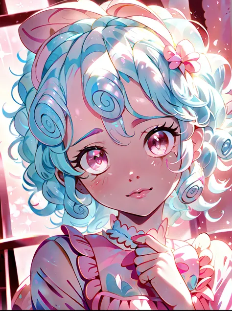 My little pony, cozy glow, young girl, blue swirly short hair, swirly bangs, (pastel pink skin), ((blue hair with light blue strains)), orange eyes, white hair band, in a pink botanical garden, Nyssa sylvatica garden arch, pink shimmering ponds with lily p...