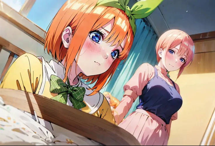  [Nakano yotsuba, nakano_yotsuba, aayotsuba, shoulder length orange hair, green ribbon] blushing, looking down, embarassed face, flustered, goofy awkward, extremely cute face, in love, dreamy eyes,  best quality)), extremely fine and beautiful, super fine ...