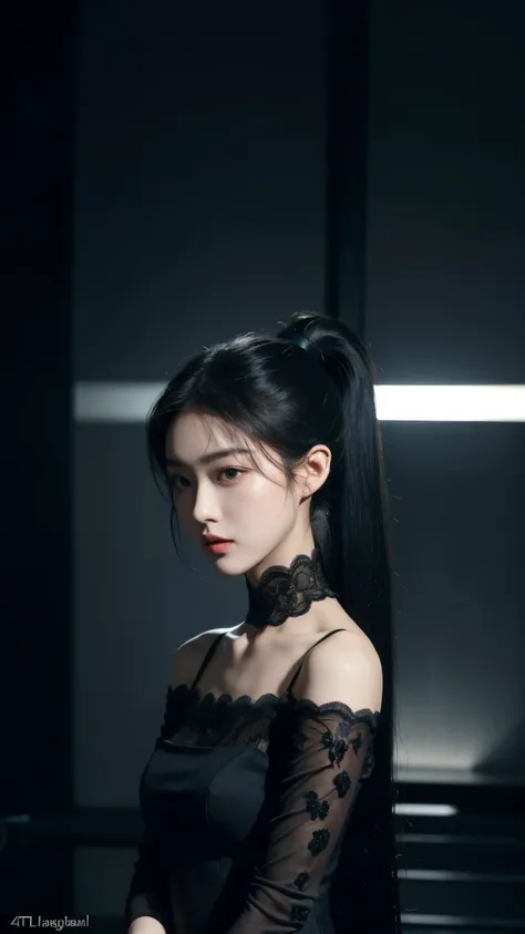 korean model , slim body , 167cm ，Movie Angle，long black ponytails hairstyle, （Cute girl，anatomy correct, elegant lace dress，（ art，geomerty），（plethora of colorest quality，high detal，tmasterpiece，Cinematic lighting effects，4K，Chiaroscuro）