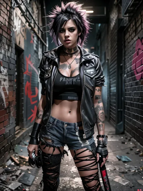 realistic, highly detailed, punk girl with baseball bat, standing in a dark alley, grungy urban environment, moody lighting, dra...