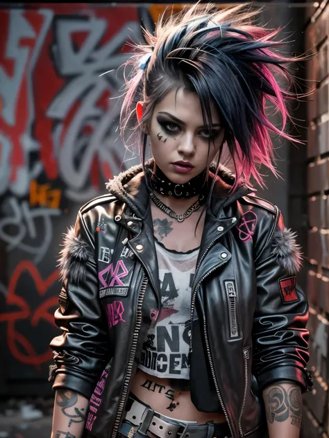 realistic, highly detailed, punk girl with baseball bat, standing in a dark alley, grungy urban environment, moody lighting, dra...