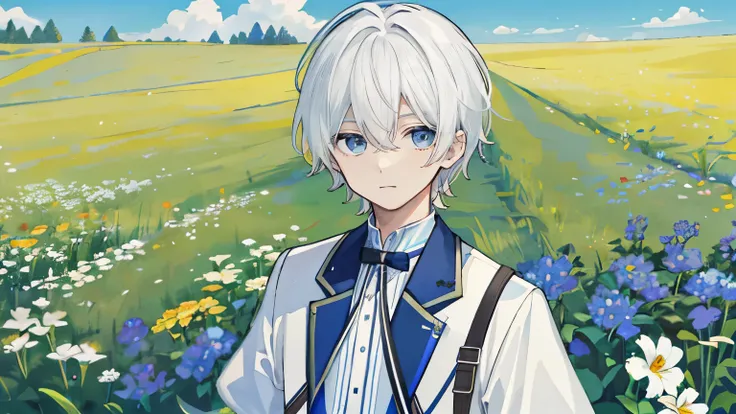 1 boy, white hair, Cute face, Field background filled with the scent of summer flowers