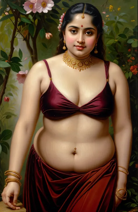 Looks like Jannat Zubair, Beautiful Indian Woman, wearing saree, sari Beauty, gorgeous, curvy, sexy navel folds, Apsara, Maharani, royal queen woman, nymph from Hindu Mythology, Urvashi, matchless beauty, Highly detailed, Oil Painting by Peter Paul Rubens ...