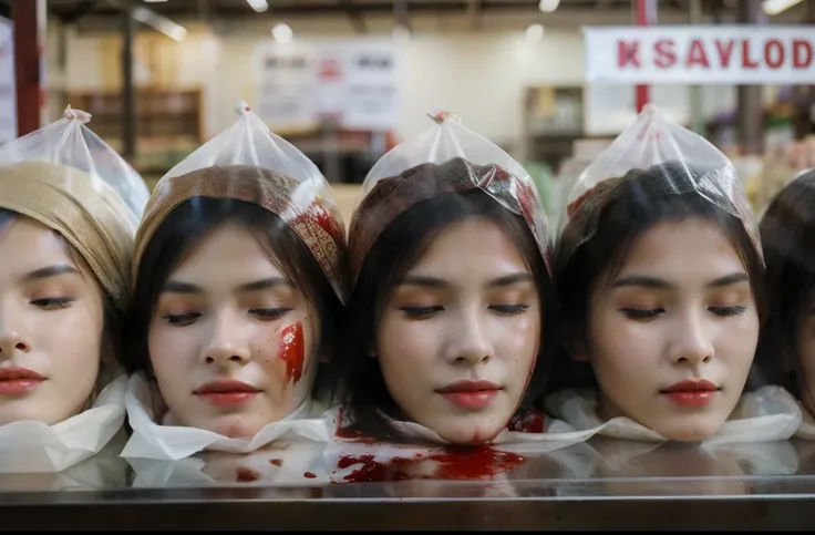 several decapitated heads of beautiful women in transparent plastic bags, on a table, in a public market, full of blood, blood f...