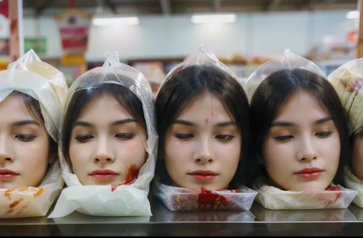 Several decapitated heads of beautiful women in transparent plastic bags, on a table, in a public market, full of blood, blood flowing, ((eyes closed)), bleeding, photorealistic, 4K, Nikon, horror, public market, beautiful asian face