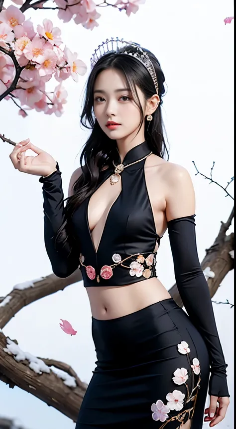 32k（tmasterpiece，k hd，hyper HD，32k）Long flowing black hair，Ponds，zydink， colour，  Xuzhou nationality （Seduce a girl）， （Red scarf in the snow）， battle posture， Looking at the ground， Long grey hair， Floating hair， Koi print headdress， Chinese Long Sleeve Si...