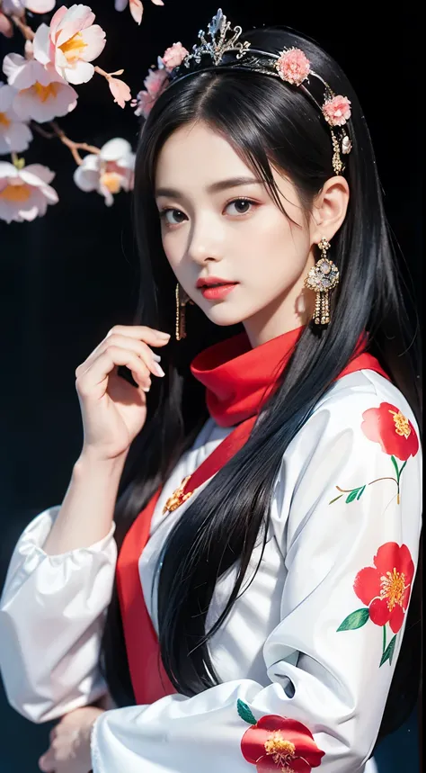 32K（tmasterpiece，K HD，hyper HD，32K）Long flowing black hair，Ponds，zydink， Farbe，  Xuzhou nationality （Seduce a girl）， （Red scarf in the snow）， battle posture， Looking at the ground， Long grey hair， Floating hair， Koi print headdress， Chinese Long Sleeve Sil...