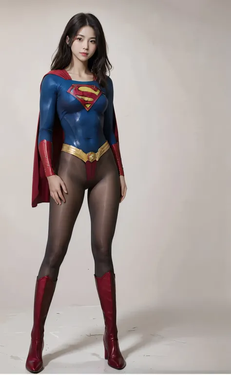 No background、(((Beautiful legs in black tights.)))、(((Legally express the beauty of your smile)))、((((Make the most of your original images)))、(((Body-hugging Supergirl costume)))、(((Supergirl Costume)))、(((Beautiful Hair)))、(((suffering)))、(((Please wear...