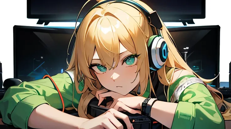 gamer、Blonde、headphone、Have a controller、computer、Green Shirt、Black shorts、Looking at the screen、super fine illustration,(((beautiful fine hair))),(((beautiful fine face))),(((beautiful fine background))),