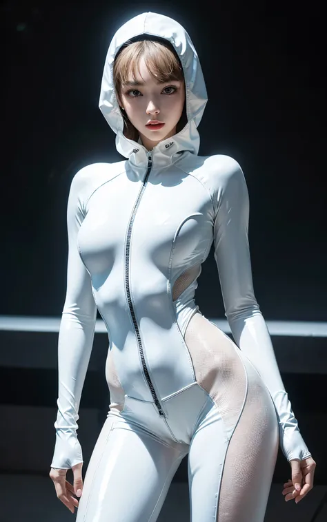 (8K, top-quality, masterpiece:1,2, super detailed photo, 4k, super high resolution), (reallistic, Photorealsitic:1.37), white latex rubber suit with full zipper, transcendent beautiful woman, abs, perfect proportion, slender, background black, soft lightin...