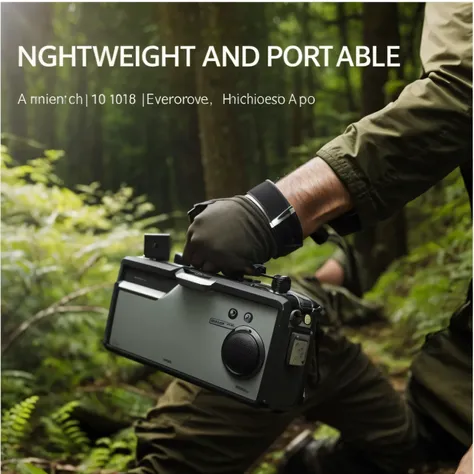 A man carrying a radio in the forest, Highest quality, Angle View, Ease of use, high - Angle View, 1 0 8 0 p, 1080P, HD 16K, Shooting angle below, wide high Angle View, Angle View, Low-angle camera view