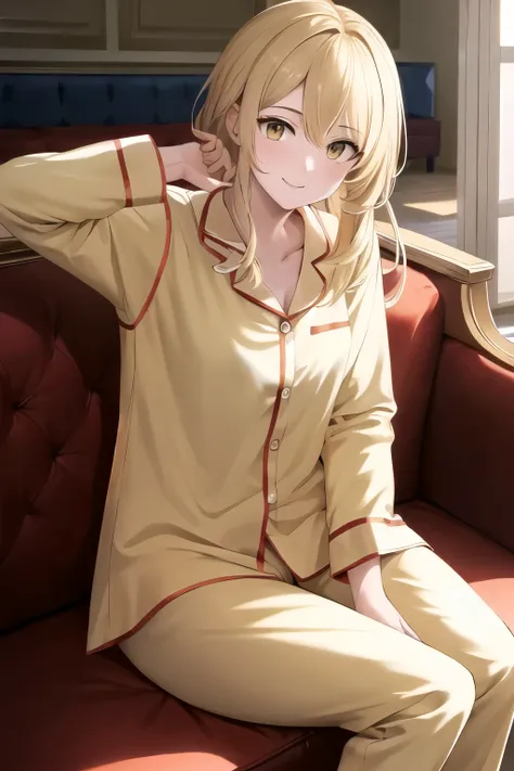 masterpiece, highest quality, high resolution, aema, long hair, blonde, yellow eyes, a gentle smile、pajamas, shorts、thighs、livin...