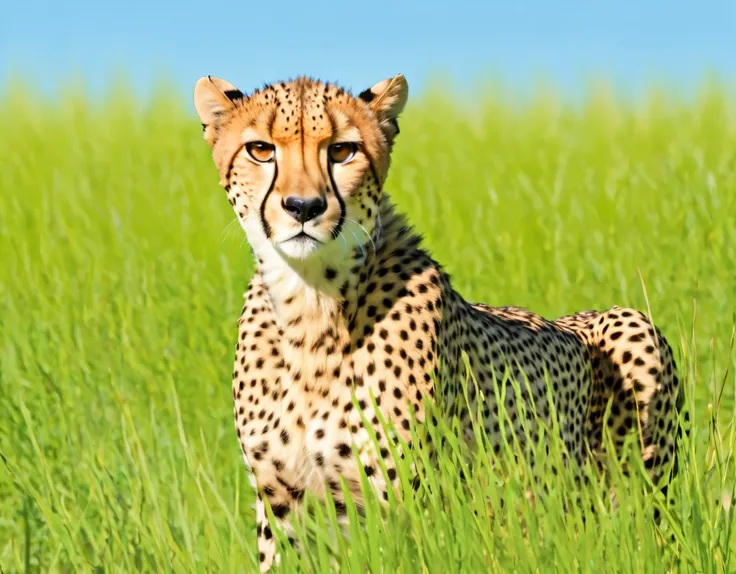 Cheetah hunting prey, Hiding in the grass:1.2, grassland, blue sky, フォトRealistic:1.2, Realistic, masterpiece:1.2.