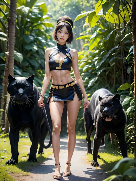 1 teen borneo native girl, (skinny abs), wearing tribal headdress and hunting gear, hero pose standing with big angry black pant...