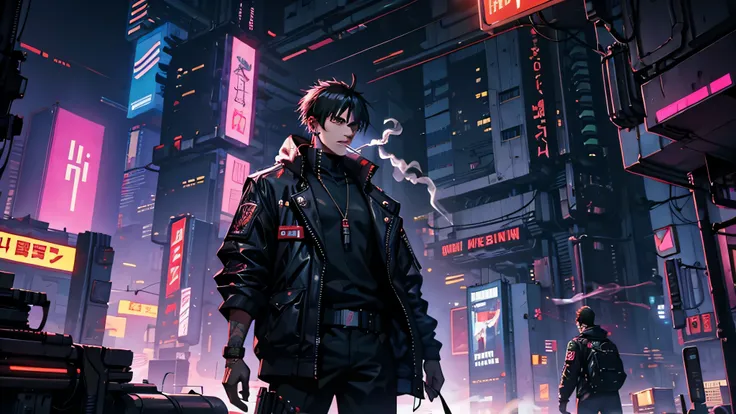 cyberpunk,young man smoking, armed