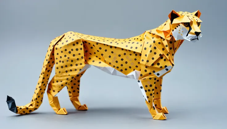 cheetah origami art, delicate origami, complex folds, coloured paper, フォトrealistic:1.2, realistic, masterpiece:1.2.