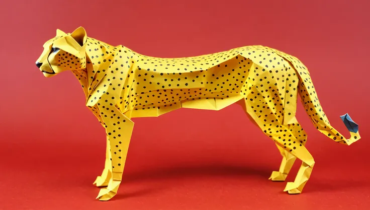 Cheetah Origami Art, Delicate origami, Complex folds, coloured paper, フォトRealistic:1.2, Realistic, masterpiece:1.2.