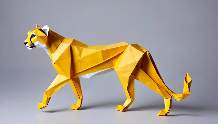 Cheetah Origami Art, Delicate origami, Complex folds, coloured paper, フォトRealistic:1.2, Realistic, masterpiece:1.2.