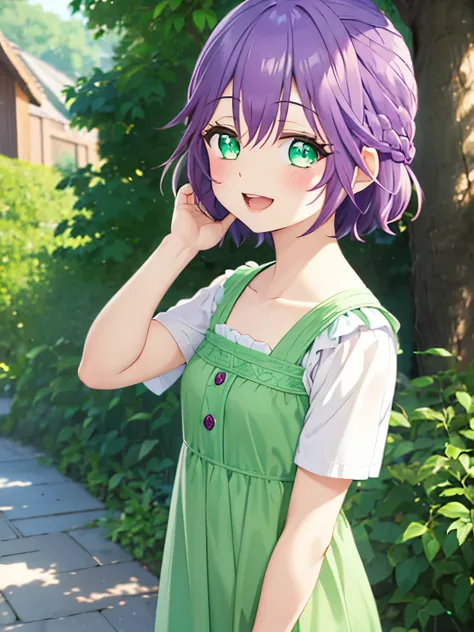 1 baby girl,5 years old,cute,hiro_segawa, purple hair, green eyes, short hair, bangs, hair between eyes, braid, upper body,Short green dress ,standing in the kingdom,blush,Smile