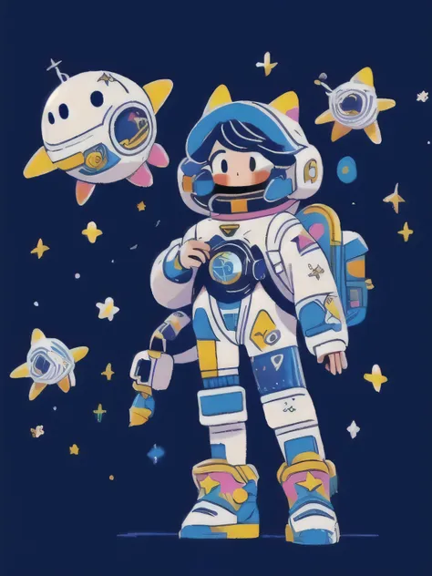 an astronaut woman wearing a space suit flying in the space, playing with stars, star like balls, round star, star and stellar n...