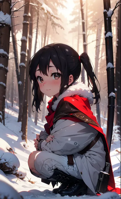 is, azusa nakano, black hair, (brown eyes:1.5), long hair, ,twin tails,smile,smile,blush,white breath,
open your mouth,snow,grou...