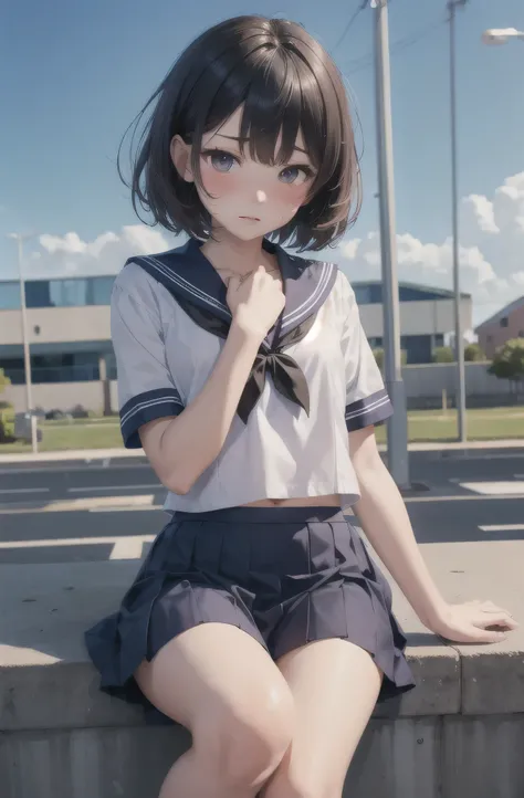 Highest quality , High resolution , Detailed CG , short hair , Sailor suit , Navy Blue Skirt , Modest chest , Black Hair , Two limbs , Optimal ratio , Embarrassed expression , Burning cheeks , School , Schoolyard , touching one&#39;s own breasts with one&#...