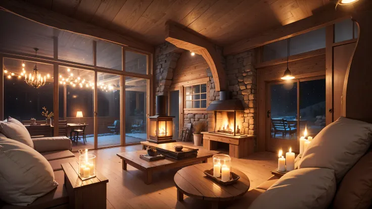 Cartoon background of wooden house living room, This night outside](Comfortable atmosphere), (Soft lighting), Bright fire in stone fireplace, This is the best night, Transparent glass window