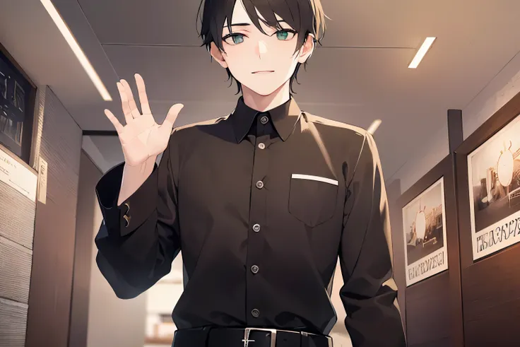 waving hand, Biologically correct five fingers、upper body、shiny skin、masterpiece、Highest quality、(25-year-old male:1.5) and (Brown short hair) and (Green Eyes), (black collared shirt)、Are standing、smile、The background is the interior of a restaurant at nig...