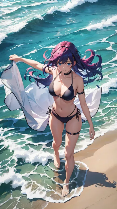 Highest quality、Highest quality、Masterpiece、girl((20-year-old、as soon as、Highest Bust、Medium Bust、Wide open chest、Red glowing eyes、Light Blue Hair、Disheveled Hair、Loincloth、thin、The best valley、Open chest、Full body view、Colorful Bikini、Smile、Leaning forwar...