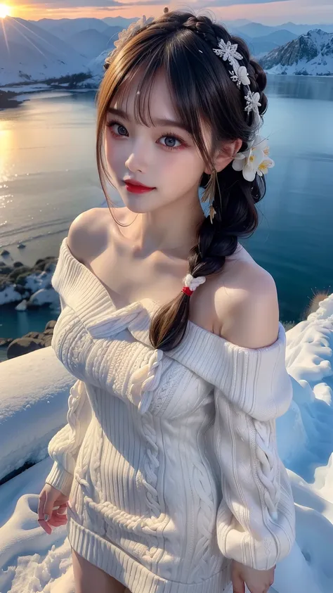 (Make your subject look three-dimensional with the contrast of light and shadow),(((With the sunset in the background))),(((standing on a snowy mountain in winter:1.3))),cute and beautiful adult woman,cute smile,with blushing cheeks,red lips,(((Off-white o...